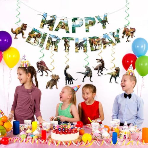 Qujowi Dinosaur Birthday Party Decorations Dinosaur Birthday Banner Hanging Swirls Streamers Dino 8Pcs
