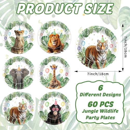 Zoiiwa Jungle Safari Party Plates Wild Animals Birthday Paper Dinnerware Plate Set 7Inch 60Pcs