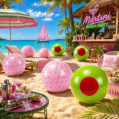 Vertintong Martini Beach Balls Jumbo Inflatable Plastic Pool Ball With Martini And 16 Inch 6 Pack