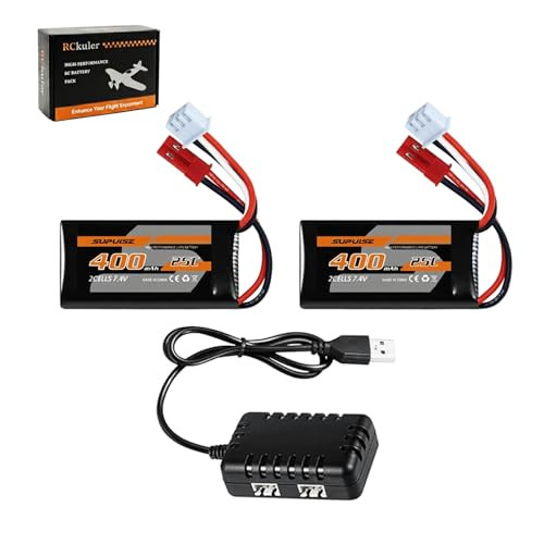 Rckuler LiPo 2S 25C 400Mah Rechargeable Battery With 2Port Usb Charger Compatible 500Mm 2Pcs