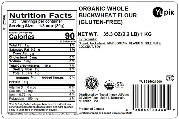 Yupik Organic Ground Buckwheat Flour Usda GlutenFree Raw Vegan Kosher NonGmo 35.2 Oz 2.2 Lb