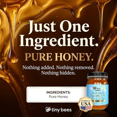 Tiny Bees Raw and Unfiltered Wildflower Honey 100% Organic Pure Honey Glass Jar 16 Oz