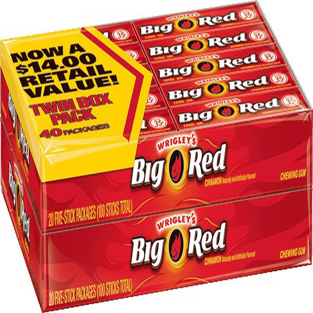 Wrigley'S Wrigleys Big Red Chewing Gum Cinnamon 5 Sticks Per Pack 40 Pack Red