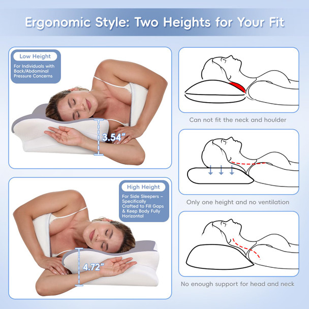 Missleep Cervical Neck Pillow Memory Foam Pillows For Neck and Shoulder Pain Grey