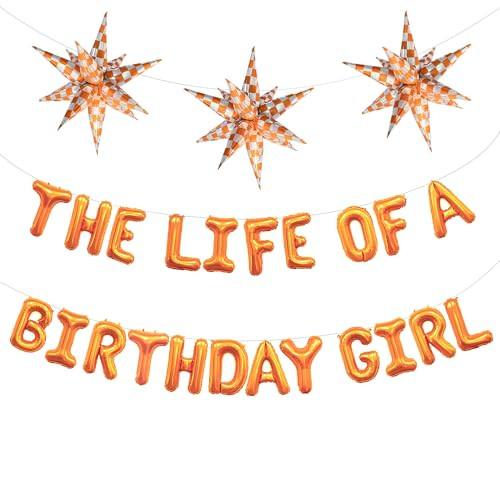 Zafete The Life Of A Birthday Girl Balloons Banner Bright Orange Checkered Orange