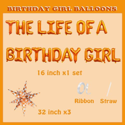 Zafete The Life Of A Birthday Girl Balloons Banner Bright Orange Checkered Orange
