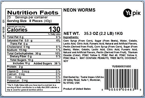 Yupik Sour Gummy Neon Worms GlutenFree Sweet and Sour Fruity Flavors Sugary 35.2 Oz 2.2 Lb
