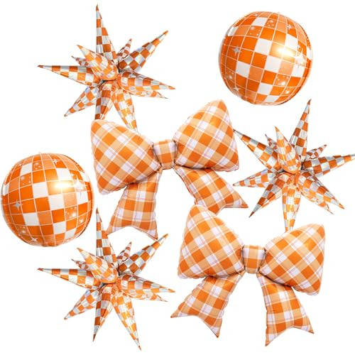 Zafete Orange And White Bow Disco Ball Foil Balloons Orange Checkered Gingham 37 Inch Orange