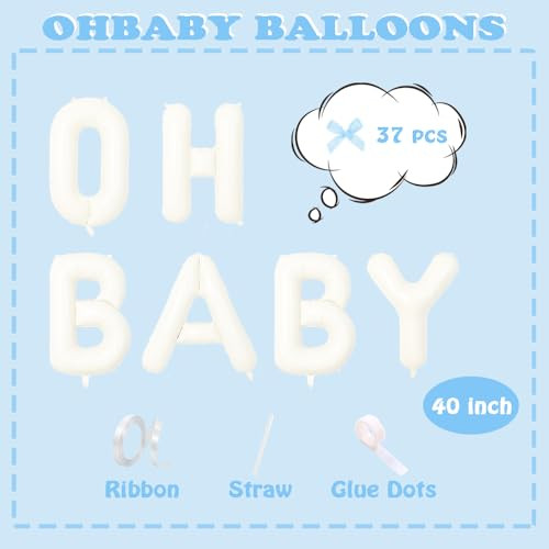 Zafete White Oh Baby Letters Balloons With Blue Bows Welcome He Or White
