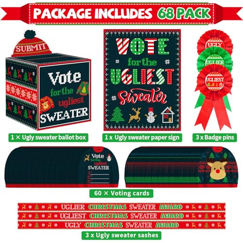 Zoiiwa Christmas Ugly Sweater Party Voting Cards Sets Supplies With Contest Ballot 68Pcs