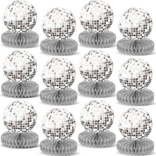Zoiiwa Prom Silver Disco Theme Party Honeycomb Centerpieces 70S Birthday Decorations Disco 12Pcs Silver
