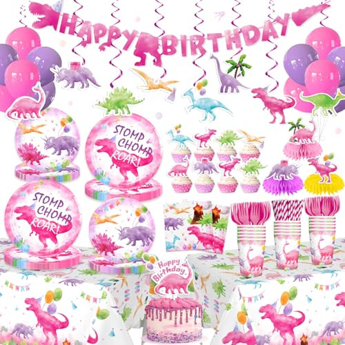 Cocomigo Pink Dinosaur Birthday Decorations Tableware Set Watercolor Party Supplies With Banner 181Pcs Pink