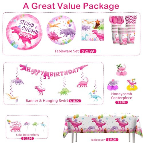 Cocomigo Pink Dinosaur Birthday Decorations Tableware Set Watercolor Party Supplies With Banner 181Pcs Pink