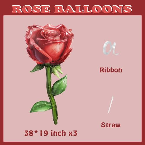 Zafete Ruby Dark Red Rose Flower Foil Balloons Valentines Day Floral Wildflower Red