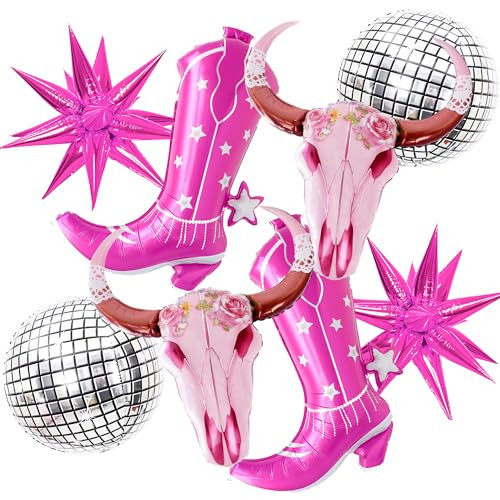 Zafete Pink Long Horn Cow Skull Boots Disco Ball Balloons Western Cowgirl Pink
