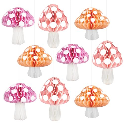 Zoiiwa Mushroom Honeycomb Balls Decorations Pink Fairy First Birthday Party Centerpieces For 9Pcs Pink