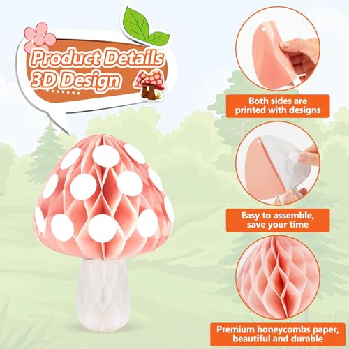 Zoiiwa Mushroom Honeycomb Balls Decorations Pink Fairy First Birthday Party Centerpieces For 9Pcs Pink