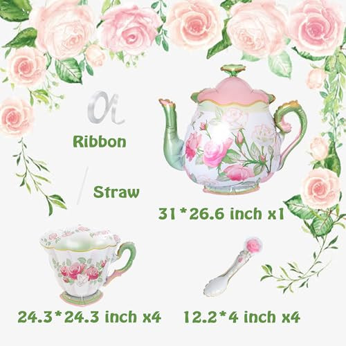 Zafete Teapot Teacup Teaspoon Balloons Pink Green Lets ParTea In Garden High Pink