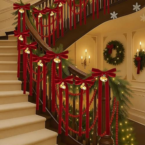Vertintong Christmas Bells Garland With Burgundy Velvet Bow Vintage Christmas Decorations Hanging 5.9 Ft 10 Pcs