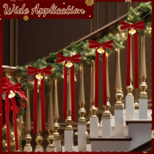 Vertintong Christmas Bells Garland With Burgundy Velvet Bow Vintage Christmas Decorations Hanging 5.9 Ft 10 Pcs