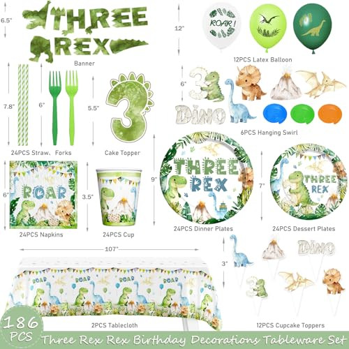Hombae Three Rex Birthday Decorations Boy Dinosaur 3Rd Birthday Party Supplies With