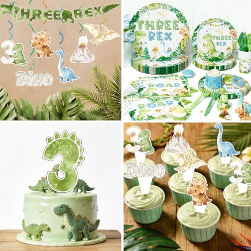 Hombae Three Rex Birthday Decorations Boy Dinosaur 3Rd Birthday Party Supplies With