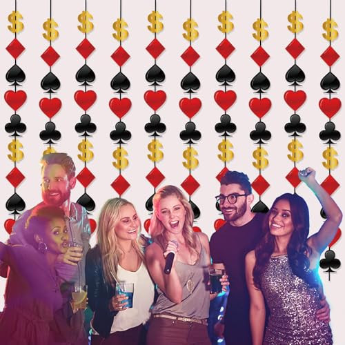 Zoiiwa Casino Theme Party Decorations Las Vegas Hanging Banner Swirl Red Black 10 Pack Red