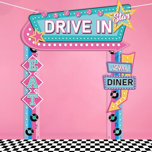Zoiiwa 50S Party Decorations 50S Retro Diner Door Banner Black White Checkered 4Pcs Black