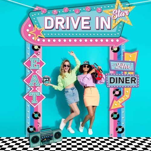 Zoiiwa 50S Party Decorations 50S Retro Diner Door Banner Black White Checkered 4Pcs Black