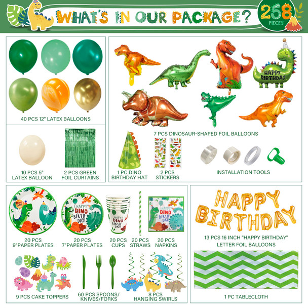 Party Spot Dinosaur Birthday Party Decorations For Boy20 Tableware SetsFringe Curtains20 Paper Plates 258 Pcs Green