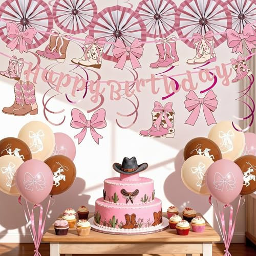 Xipegpa Cowgirl Party Decorations Pink Western Decor Boots And Bows Rodeo Birthday 30Pcs Pink