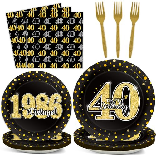 Zoiiwa 40Th Theme Birthday Party Tableware Vintage 1986 Party Supplies 40 Year 96Pcs Black