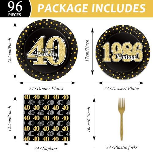 Zoiiwa 40Th Theme Birthday Party Tableware Vintage 1986 Party Supplies 40 Year 96Pcs Black