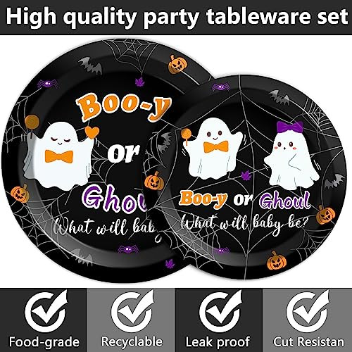 Zoiiwa Halloween Gender Reveal Party Decorations Booy Or Ghoul Ghost Tableware Set 96Pcs