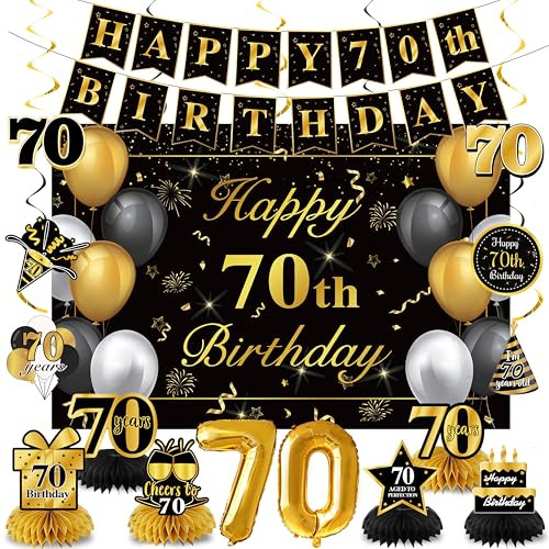 Ythetm 70Th Birthday Decorations For Men Women Black Gold Happy 70 Year Black