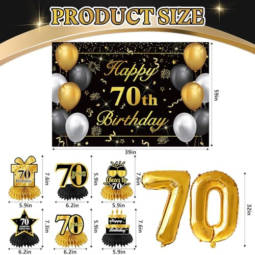 Ythetm 70Th Birthday Decorations For Men Women Black Gold Happy 70 Year Black