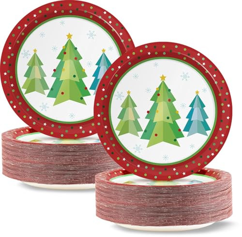 Zoiiwa Colorful Christmas Tree Paper Plates Merry Christmas Tree Plates With Red 48Pcs Red