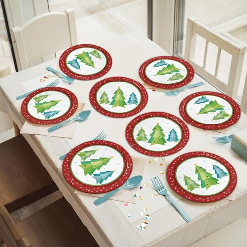 Zoiiwa Colorful Christmas Tree Paper Plates Merry Christmas Tree Plates With Red 48Pcs Red