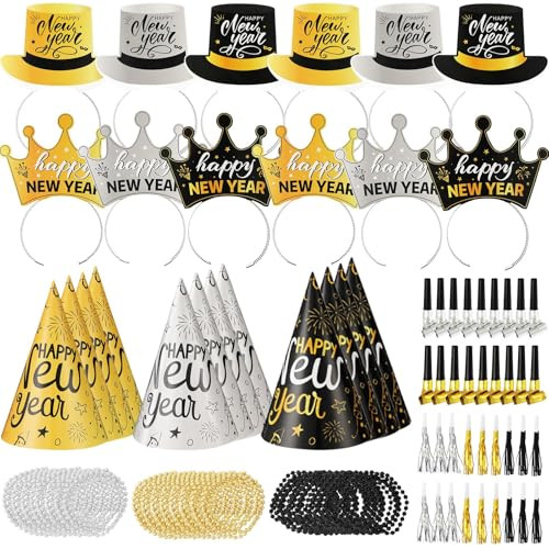 Zoiiwa Year's Eve Party Supplies For 48 Guest Black Gold Wearables 168Pcs Black