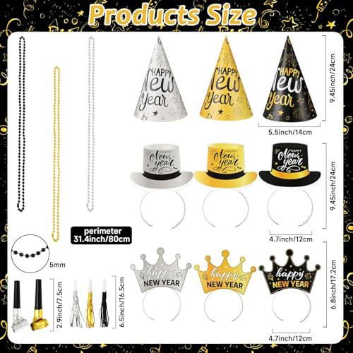 Zoiiwa Year's Eve Party Supplies For 48 Guest Black Gold Wearables 168Pcs Black