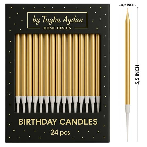 By Tugba Aydan Home Design Gold Birthday Candles Long Thin Metallic Birthday Cake Candles With Holders 24 Pack Gold