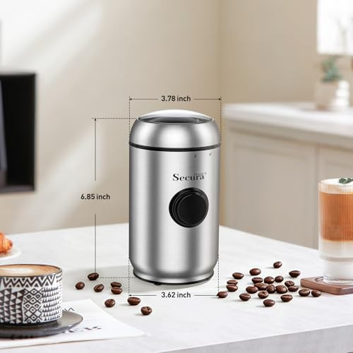 Secura Brands Electric Quiet Coffee Grinder OneTouch Pulse Control Stainless Steel Coffee Grinder Stainless Steel