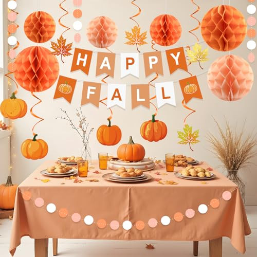 Ythetm Fall Party Decorations Happy Fall Banner With Honeycomb Balls Pumpkin Maple