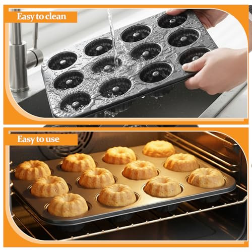 Xosjska Mini Fluted Tube Cake Pan 12Cavity Fluted Small Round Cake Mold 2 Pack