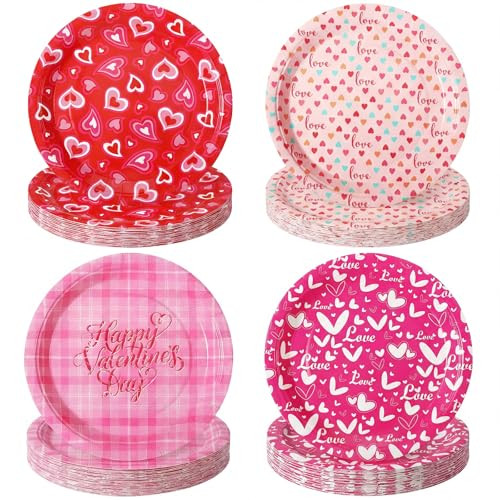 Zopeal Valentine's Day Paper Plates Bulk Pink Red Heart Disposable Plates Round 9 Inch 60 Pcs