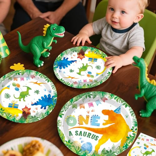 Xynic One A Saurus Birthday Decorations With Tableware Set Banner Hanging Tablecloth 193Pcs