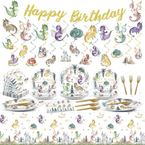Zoiiwa Watercolor Dragon Birthday Party Decoration Magic Dragon Tableware Hanging Swirls Banner 133Pcs