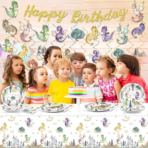Zoiiwa Watercolor Dragon Birthday Party Decoration Magic Dragon Tableware Hanging Swirls Banner 133Pcs