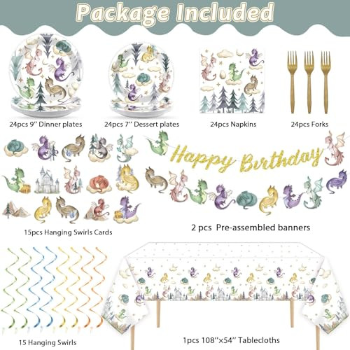 Zoiiwa Watercolor Dragon Birthday Party Decoration Magic Dragon Tableware Hanging Swirls Banner 133Pcs