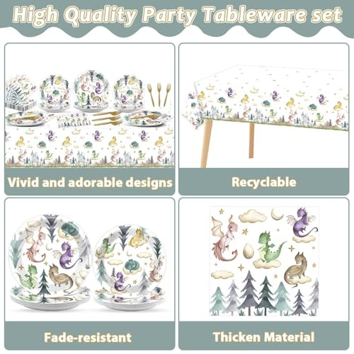 Zoiiwa Watercolor Dragon Birthday Party Decoration Magic Dragon Tableware Hanging Swirls Banner 133Pcs